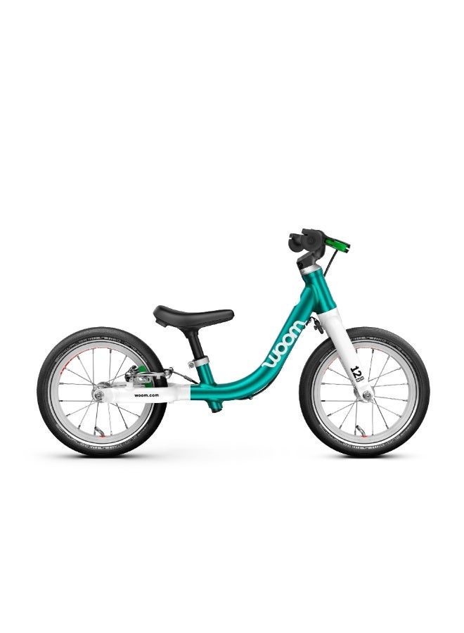 Woom GO 1 Balance Bike for Toddlers|12-inch Wheels|Lightweight Aluminum Frame|Rear Hand Brake|Ages 1.5-3.5|Metallic Turquoise - Image 1