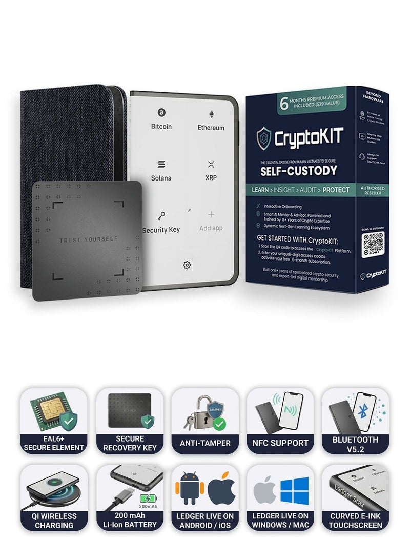 ليدجر محفظة Ledger Stax الصلبة للعملات الرقمية + باقة CryptoKIT المميزة (6 أشهر) مع غطاء مغناطيسي وبطاقة استرداد | شاشة لمس منحنية E-Ink، عنصر أمان (EAL6+)، بلوتوث، شحن لاسلكي، دعم NFT، لأنظمة iOS/Android/Windows/MAC - Image 1