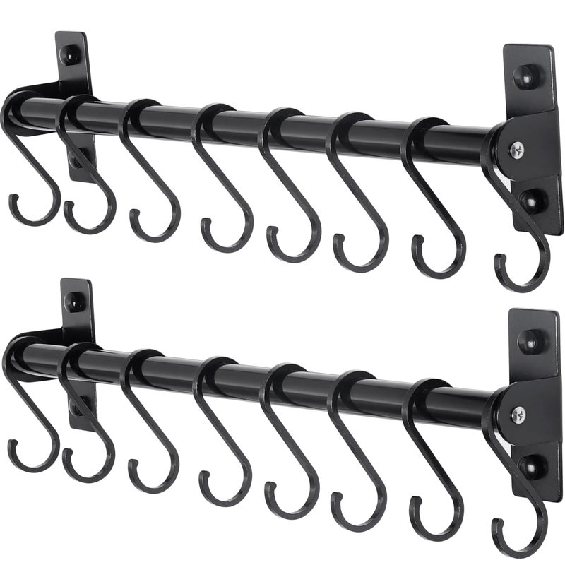 Dseap Kitchen Utensil Holder Hanger, Pot and Pan Rack Wall Mounted, Kitchen Rail with 8 Hooks for Hanging Cooking Utensils, Mugs, Spoons, Wall Mounted, Black, Pack of 2