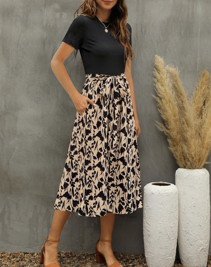 Zattcas Women 2026 Summer Dresses Short Sleeve Ribbed Teacher Church Modest Business Casual Work Outfits Midi Dress with Pockets Taupefloral M - Image 2