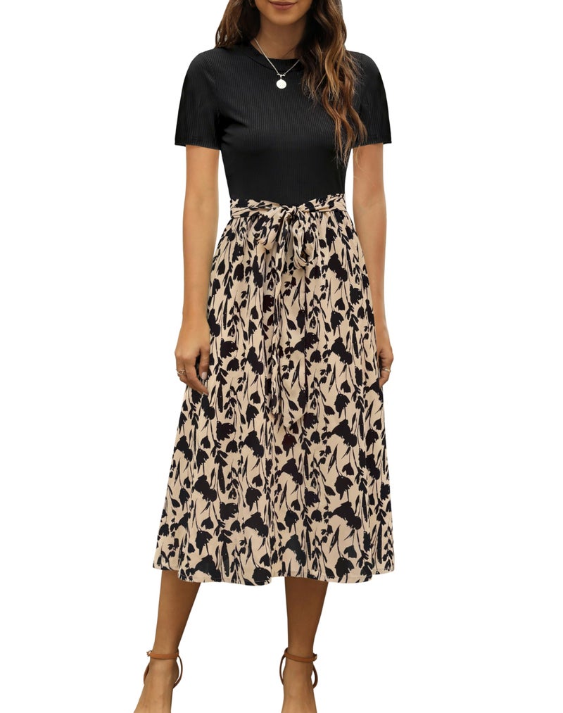 Zattcas Women 2026 Summer Dresses Short Sleeve Ribbed Teacher Church Modest Business Casual Work Outfits Midi Dress with Pockets Taupefloral M - Image 1