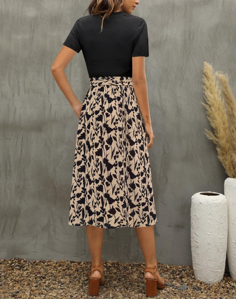 Zattcas Women 2026 Summer Dresses Short Sleeve Ribbed Teacher Church Modest Business Casual Work Outfits Midi Dress with Pockets Taupefloral M - Image 3