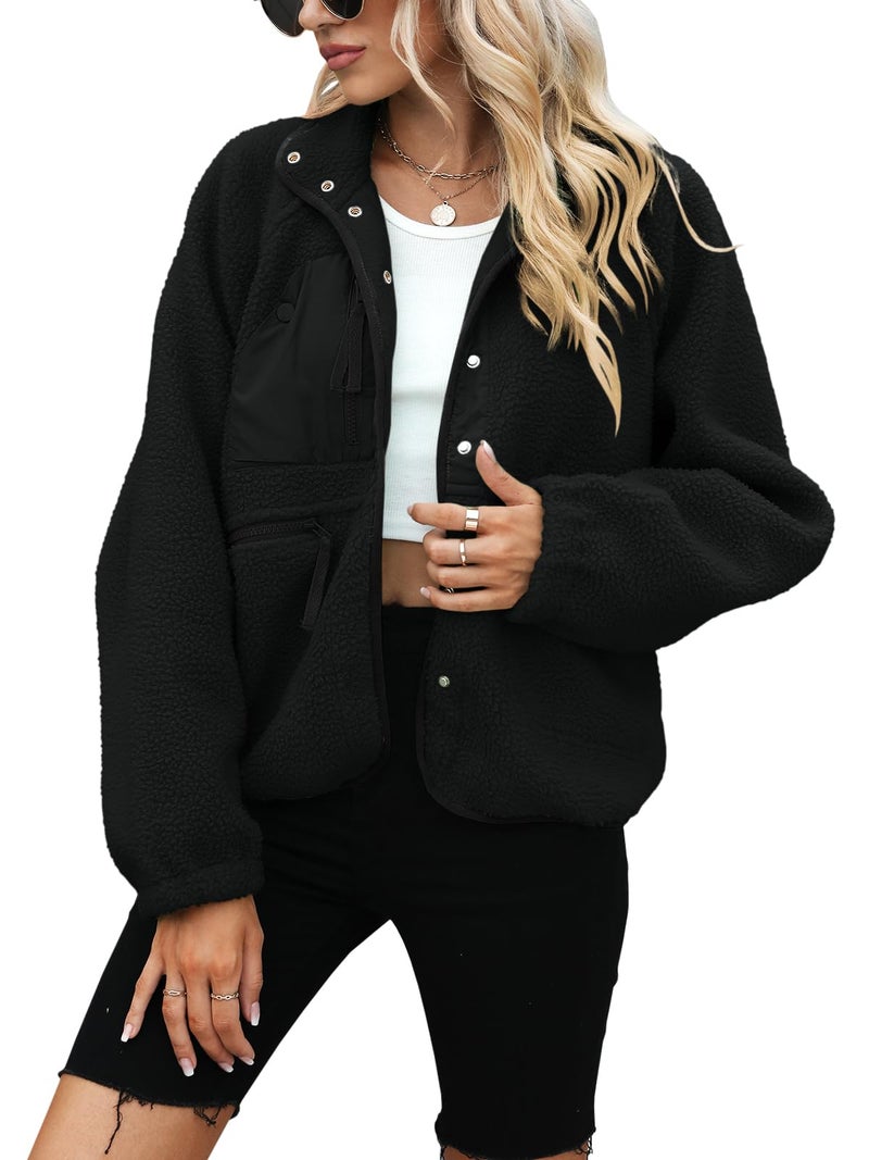 Yanekop Womens Fleece Jacket Fuzzy Long Sleeve Short Winter Coats Button Down Sherpa Jacket Outerwear with Pockets(A Black,L) - Image 2