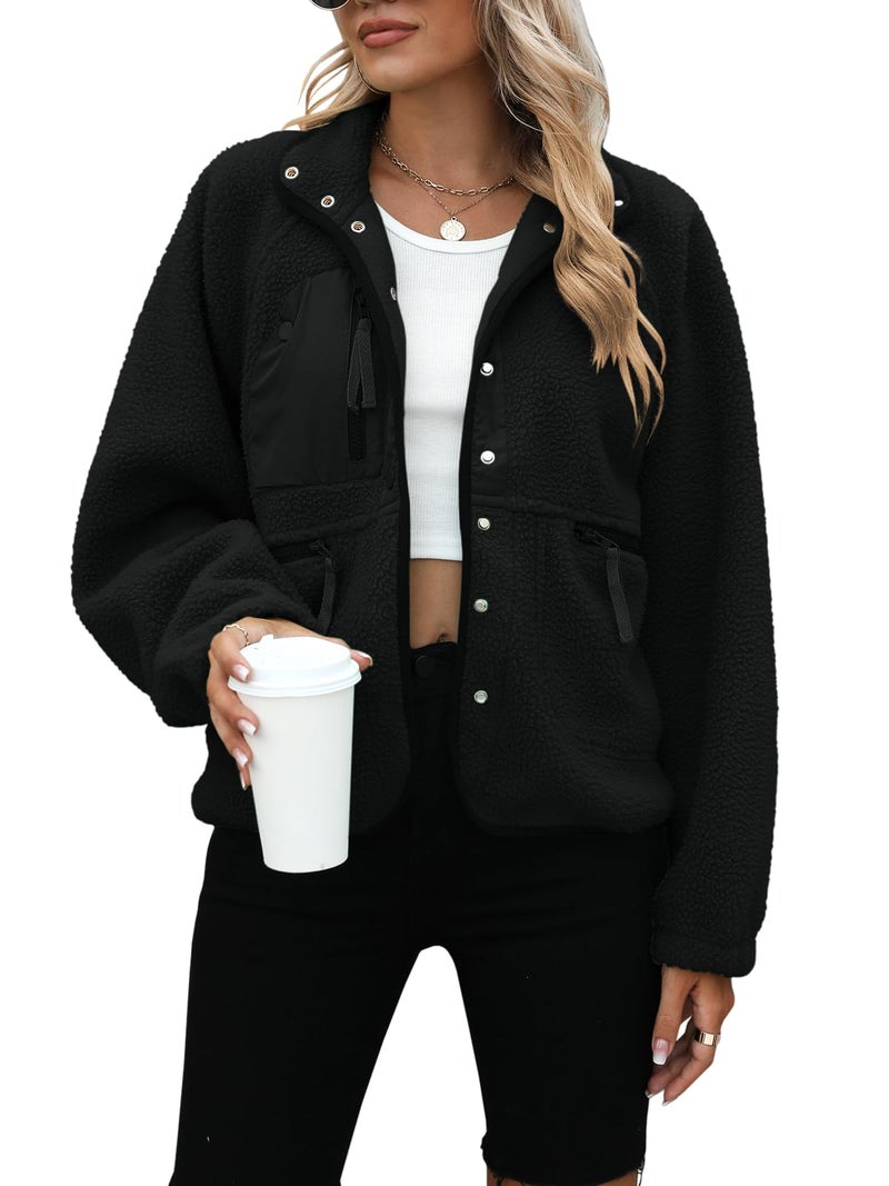 Yanekop Womens Fleece Jacket Fuzzy Long Sleeve Short Winter Coats Button Down Sherpa Jacket Outerwear with Pockets(A Black,L) - Image 1