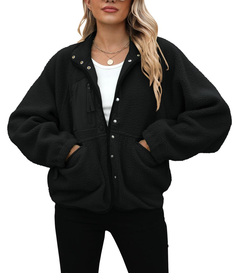 Yanekop Womens Fleece Jacket Fuzzy Long Sleeve Short Winter Coats Button Down Sherpa Jacket Outerwear with Pockets(A Black,L) - Image 3