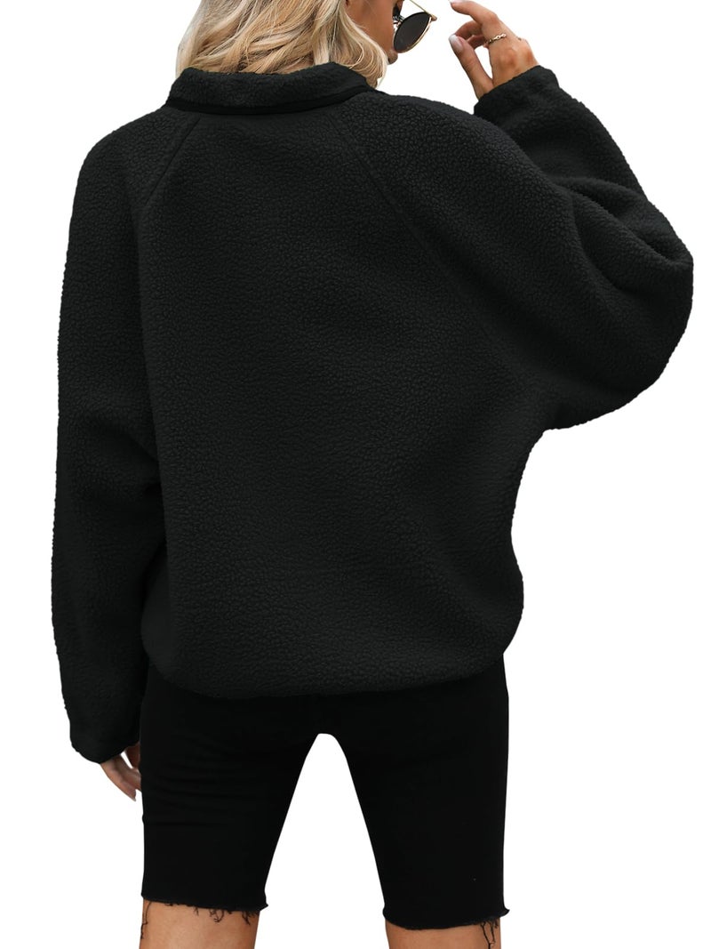 Yanekop Womens Fleece Jacket Fuzzy Long Sleeve Short Winter Coats Button Down Sherpa Jacket Outerwear with Pockets(A Black,L) - Image 4