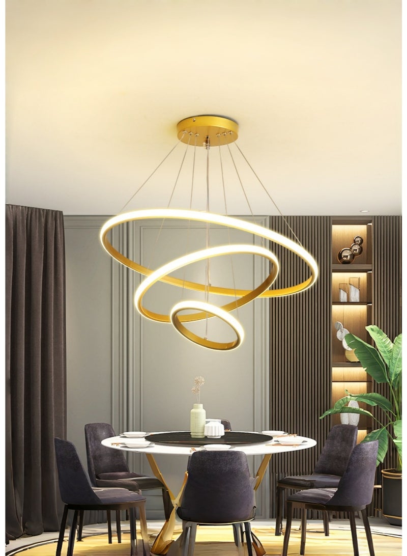 متجر الفرح ثريا LED حديثة بثلاث حلقات ذهبية قابلة للتعتيم مع جهاز تحكم عن بعد، إضاءة دائرية عالية السقف لغرفة الطعام وغرفة المعيشة وغرفة النوم - Image 2