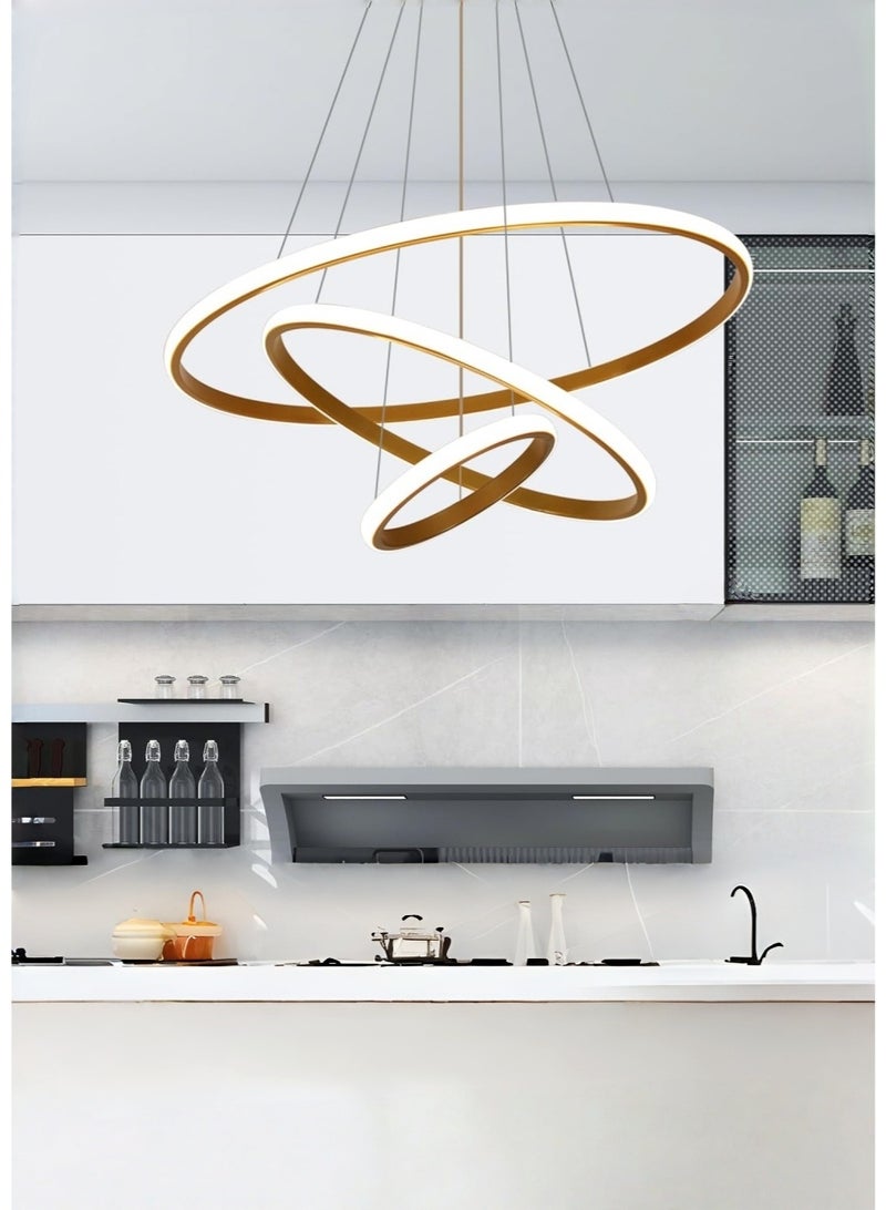 متجر الفرح ثريا LED حديثة بثلاث حلقات ذهبية قابلة للتعتيم مع جهاز تحكم عن بعد، إضاءة دائرية عالية السقف لغرفة الطعام وغرفة المعيشة وغرفة النوم - Image 3