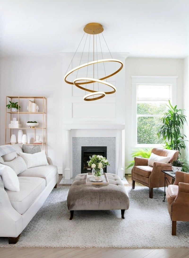 متجر الفرح ثريا LED حديثة بثلاث حلقات ذهبية قابلة للتعتيم مع جهاز تحكم عن بعد، إضاءة دائرية عالية السقف لغرفة الطعام وغرفة المعيشة وغرفة النوم - Image 5