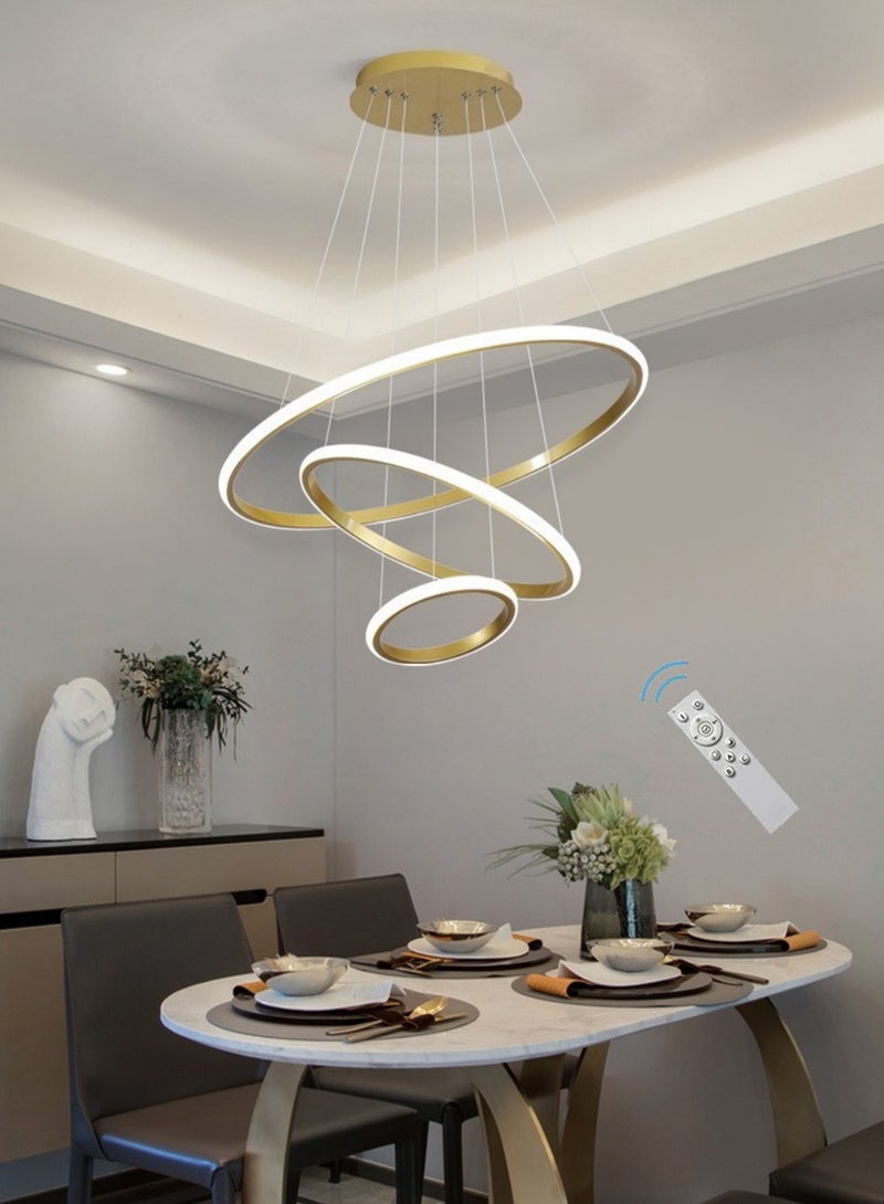 متجر الفرح ثريا LED حديثة بثلاث حلقات ذهبية قابلة للتعتيم مع جهاز تحكم عن بعد، إضاءة دائرية عالية السقف لغرفة الطعام وغرفة المعيشة وغرفة النوم - Image 1