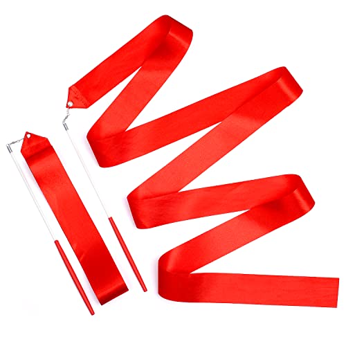 KINBOM 2pcs Dance Ribbons, 78.7 Inch Long Twirling Dancing Ribbon Gymnastics Ribbon Streamers for Kids Artistic Dancing Training Party, with Ribbon Dancer Wand (Red) - Image 1