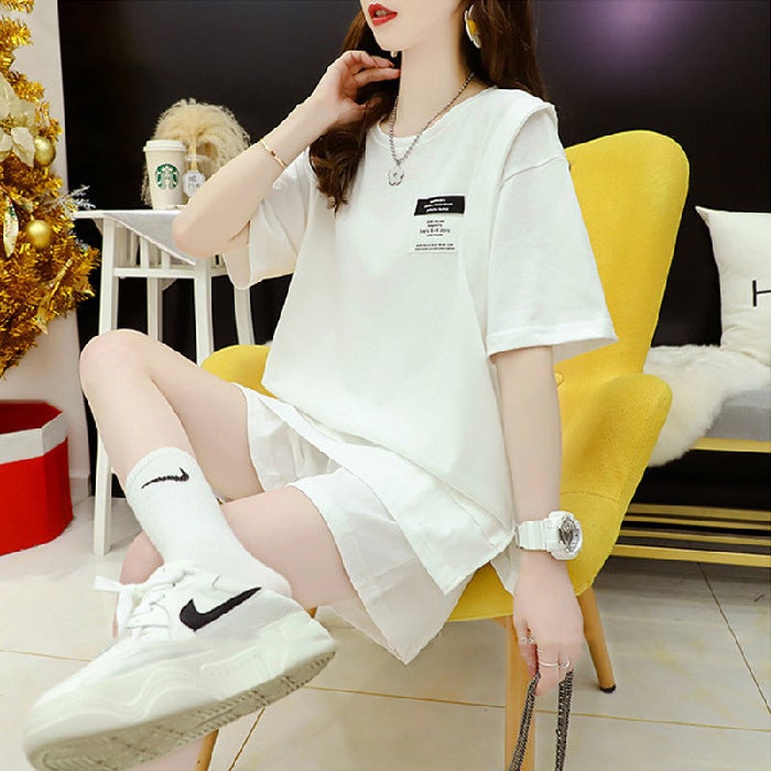 Short-sleeved shorts sports suit womens 2022 new summer Korean-style loose stitching contrast color fashion casual two-piece suit TWY#512# White  - Image 1