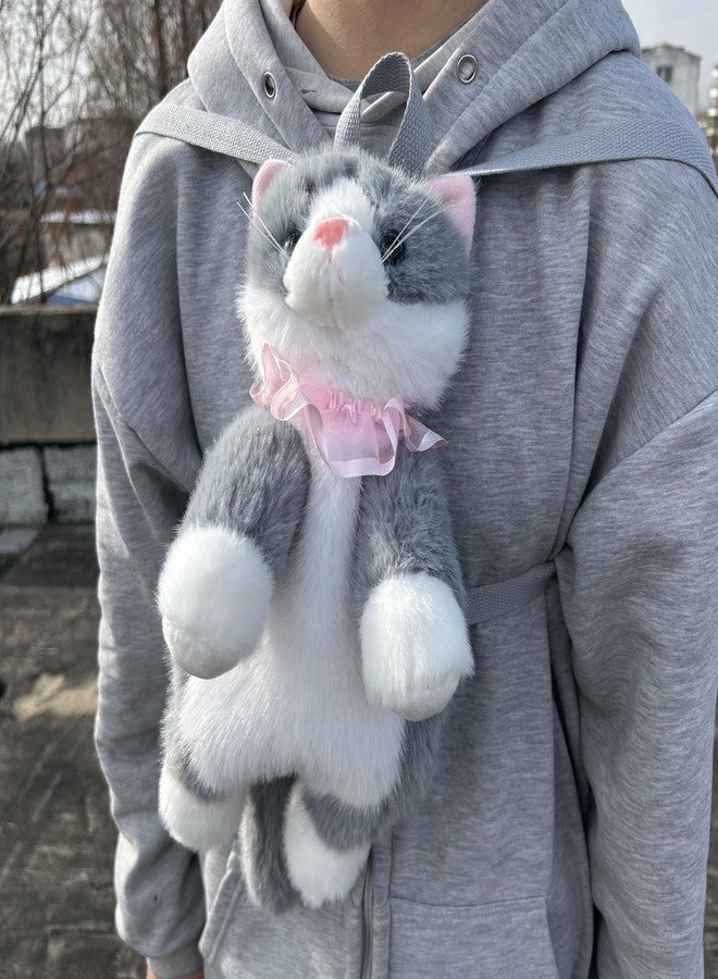 Ueeksry Stuffed Animals Backpack - Lifelike Stuffed Cat Plush Backpack, Handmade Cute Realistic Cat Shaped Bag - Gray - Image 2
