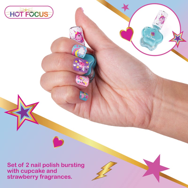 Hot Focus Scented Nail Boutique â€“ 168 Piece Unicorn Nail Art Kit Includes Press on Nails, Nail Patches, Nail Stickers, Nail Polishes, Nail File and Ring â€“ Non-Toxic Water Based Peel Off Nail Polish - Image 3