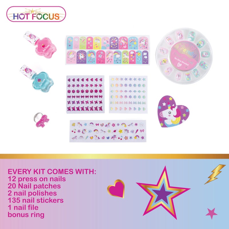 Hot Focus Scented Nail Boutique â€“ 168 Piece Unicorn Nail Art Kit Includes Press on Nails, Nail Patches, Nail Stickers, Nail Polishes, Nail File and Ring â€“ Non-Toxic Water Based Peel Off Nail Polish - Image 2