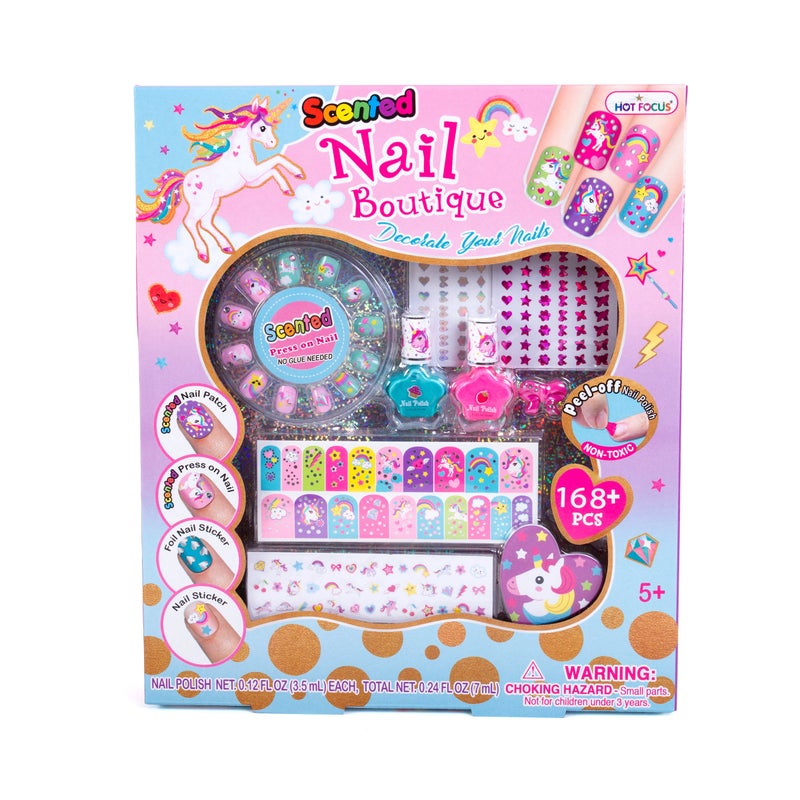 Hot Focus Scented Nail Boutique â€“ 168 Piece Unicorn Nail Art Kit Includes Press on Nails, Nail Patches, Nail Stickers, Nail Polishes, Nail File and Ring â€“ Non-Toxic Water Based Peel Off Nail Polish - Image 1