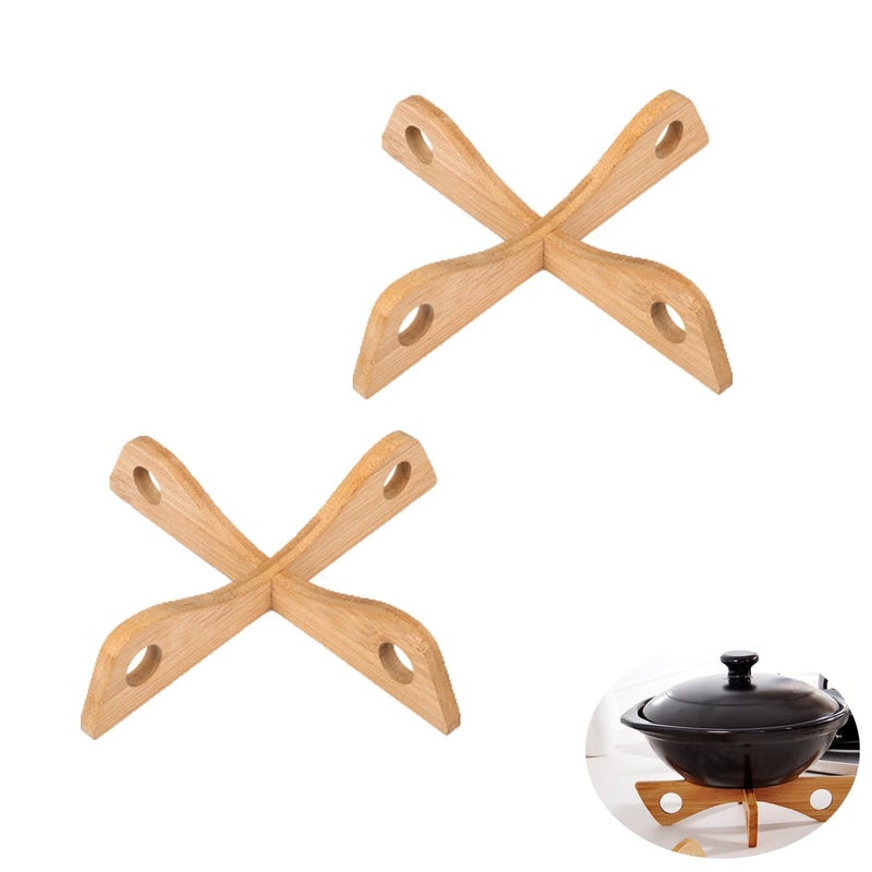 UtySty 2 Pack Saucepan Trivet Mat Reversible Detachable Bamboo Wooden Camping Pots Holder Stand for Hot StirFry Pans Carbon Steel Wok Pan Frying Pan Skillet Casserole Dish Camping Cookware Set