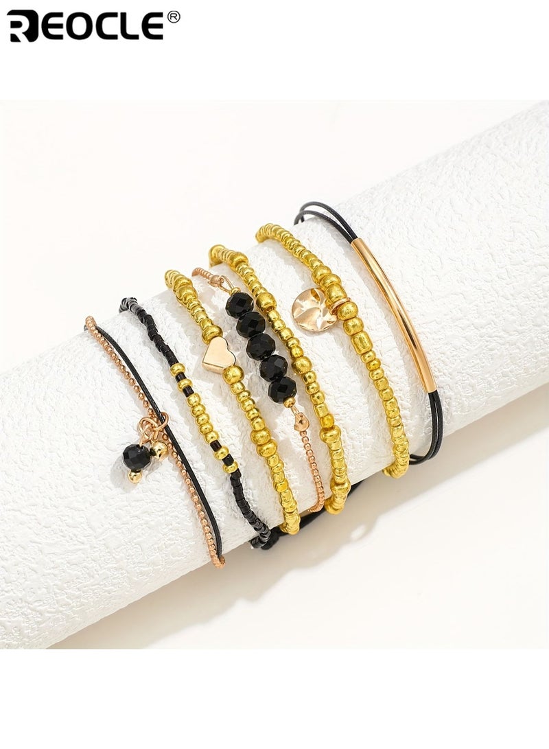 ريوكل 7 قطع أنيقة المرأة سوار مجموعة سبائك المواد مطلي بالكهرباء الانتهاء من حبة وشريط تصميم تمتد طبقات اليدوية مجموعة لا ترصيع الحجر متعدد الاستخدامات مناسبة لارتداء العطلة اليومية جميع الفصول يصلح للنساء والسيدات والبالغين - Image 3