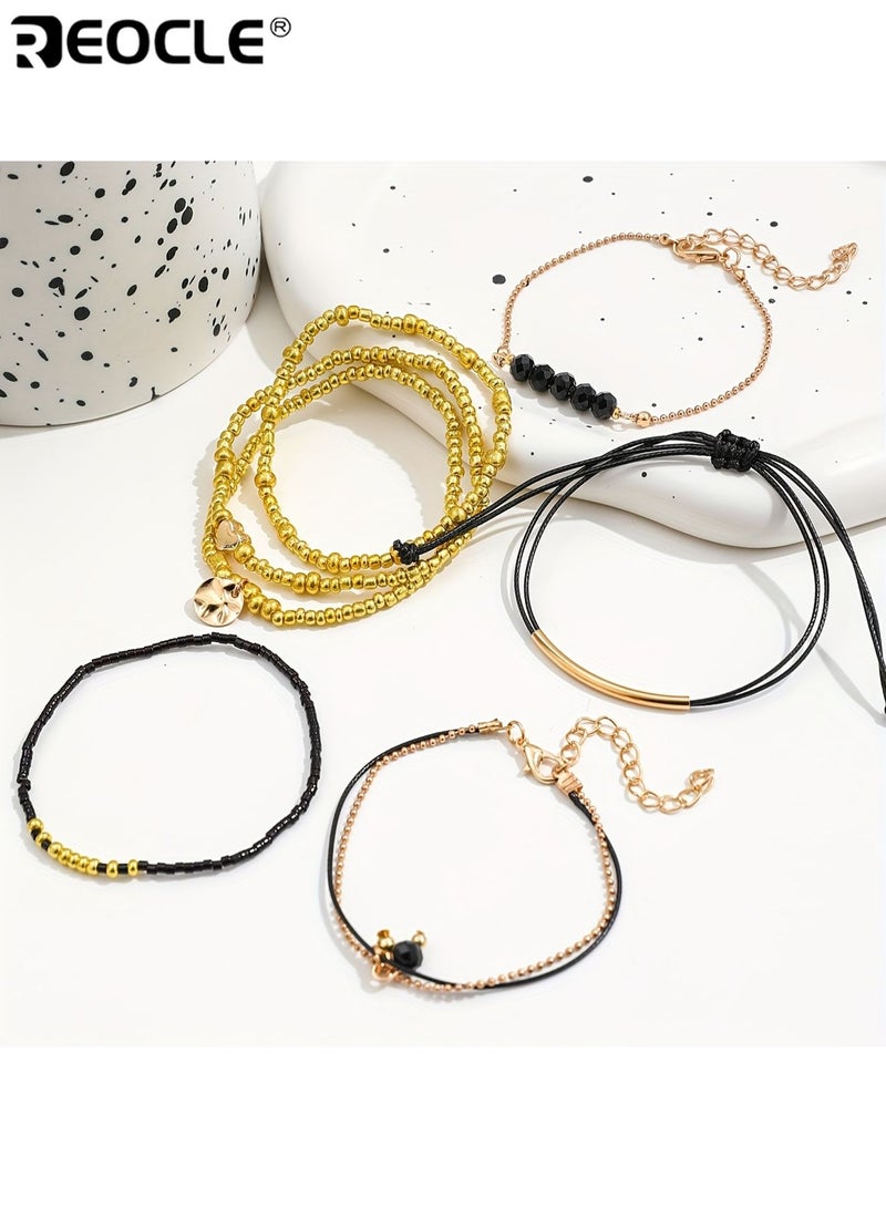 ريوكل 7 قطع أنيقة المرأة سوار مجموعة سبائك المواد مطلي بالكهرباء الانتهاء من حبة وشريط تصميم تمتد طبقات اليدوية مجموعة لا ترصيع الحجر متعدد الاستخدامات مناسبة لارتداء العطلة اليومية جميع الفصول يصلح للنساء والسيدات والبالغين - Image 5