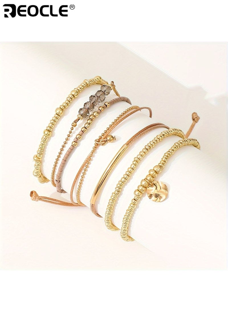 ريوكل 7 قطع أنيقة المرأة سوار مجموعة سبائك المواد مطلي بالكهرباء الانتهاء من حبة وشريط تصميم تمتد طبقات اليدوية مجموعة لا ترصيع الحجر متعدد الاستخدامات مناسبة لارتداء العطلة اليومية جميع الفصول يصلح للنساء والسيدات والبالغين - Image 2