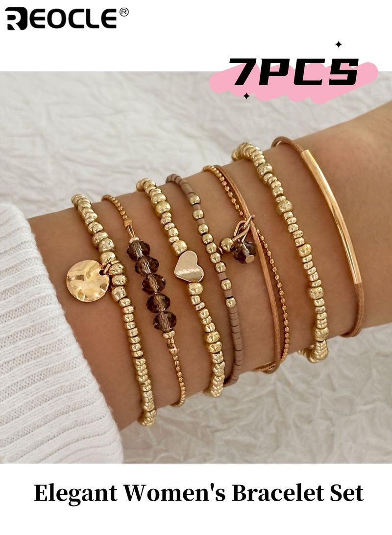 ريوكل 7 قطع أنيقة المرأة سوار مجموعة سبائك المواد مطلي بالكهرباء الانتهاء من حبة وشريط تصميم تمتد طبقات اليدوية مجموعة لا ترصيع الحجر متعدد الاستخدامات مناسبة لارتداء العطلة اليومية جميع الفصول يصلح للنساء والسيدات والبالغين - Image 1