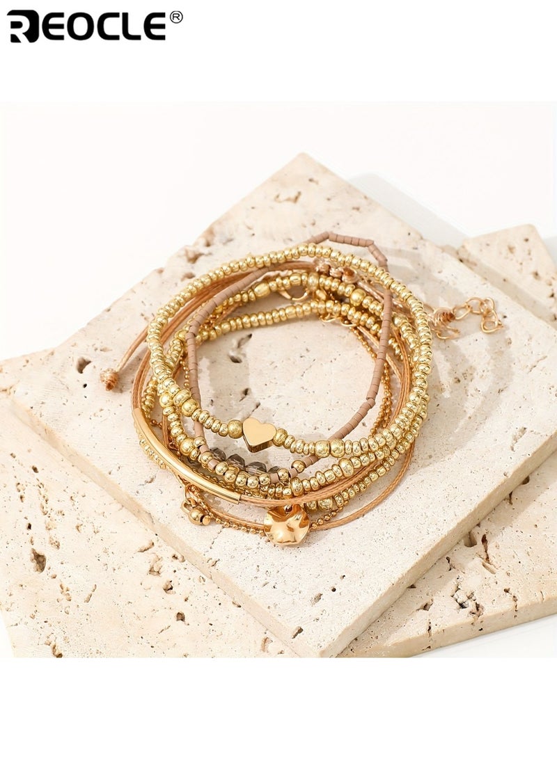 ريوكل 7 قطع أنيقة المرأة سوار مجموعة سبائك المواد مطلي بالكهرباء الانتهاء من حبة وشريط تصميم تمتد طبقات اليدوية مجموعة لا ترصيع الحجر متعدد الاستخدامات مناسبة لارتداء العطلة اليومية جميع الفصول يصلح للنساء والسيدات والبالغين - Image 4