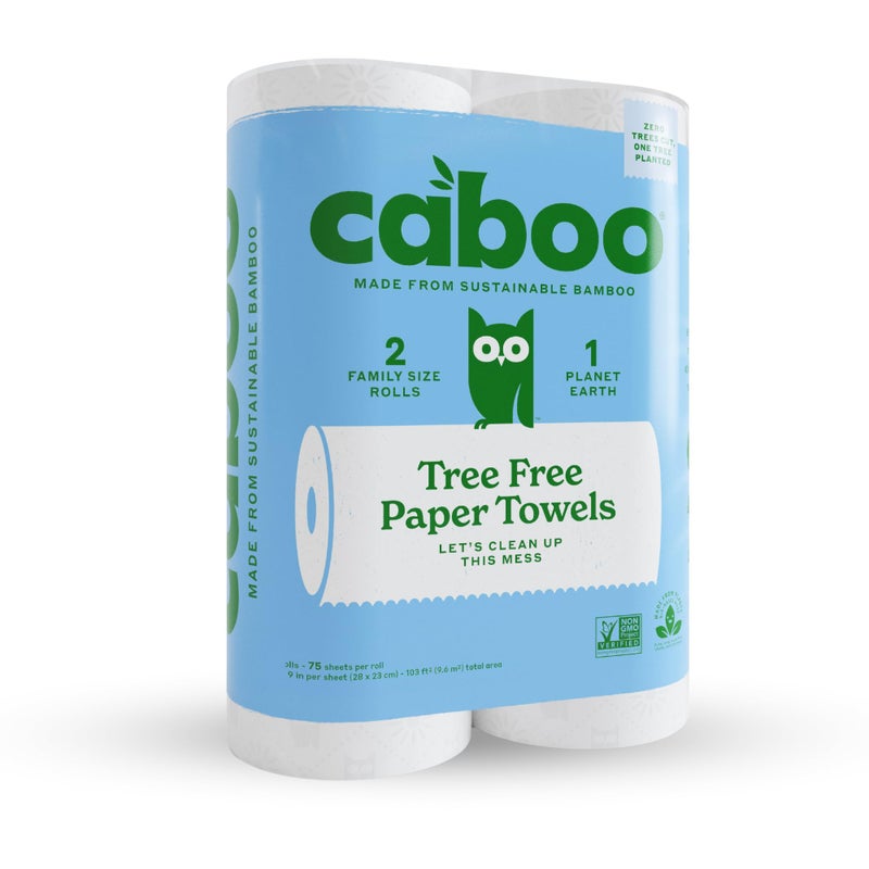 Caboo Tree Free Paper Towels, 2 Rolls, Tree Free, Plastic Free, Earth Friendly, Sustainable Kitchen Paper Towels with Strong 2 Ply Sheets - Image 1