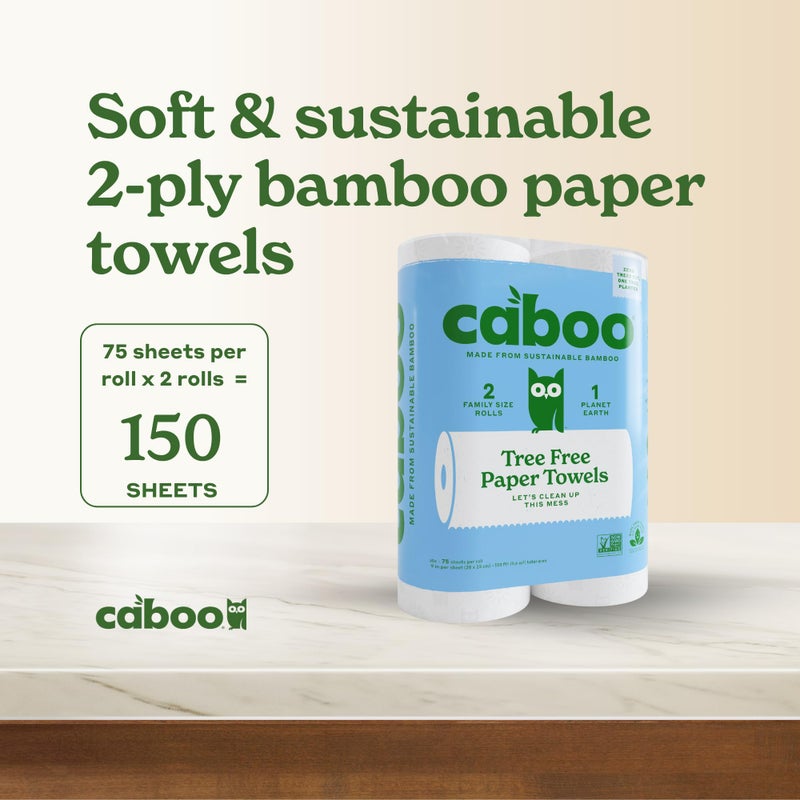Caboo Tree Free Paper Towels, 2 Rolls, Tree Free, Plastic Free, Earth Friendly, Sustainable Kitchen Paper Towels with Strong 2 Ply Sheets - Image 3