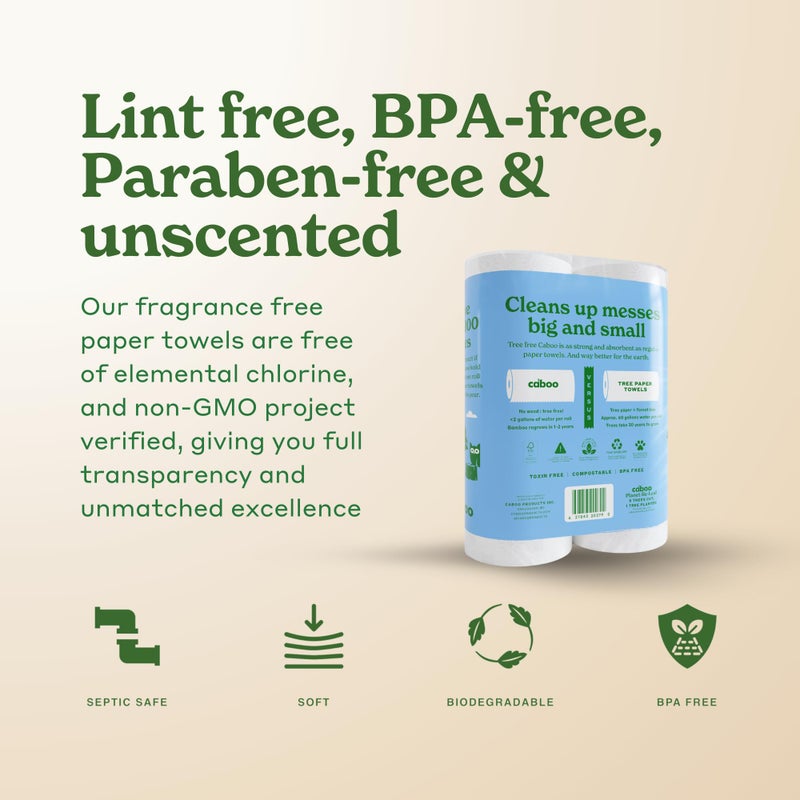 Caboo Tree Free Paper Towels, 2 Rolls, Tree Free, Plastic Free, Earth Friendly, Sustainable Kitchen Paper Towels with Strong 2 Ply Sheets - Image 4