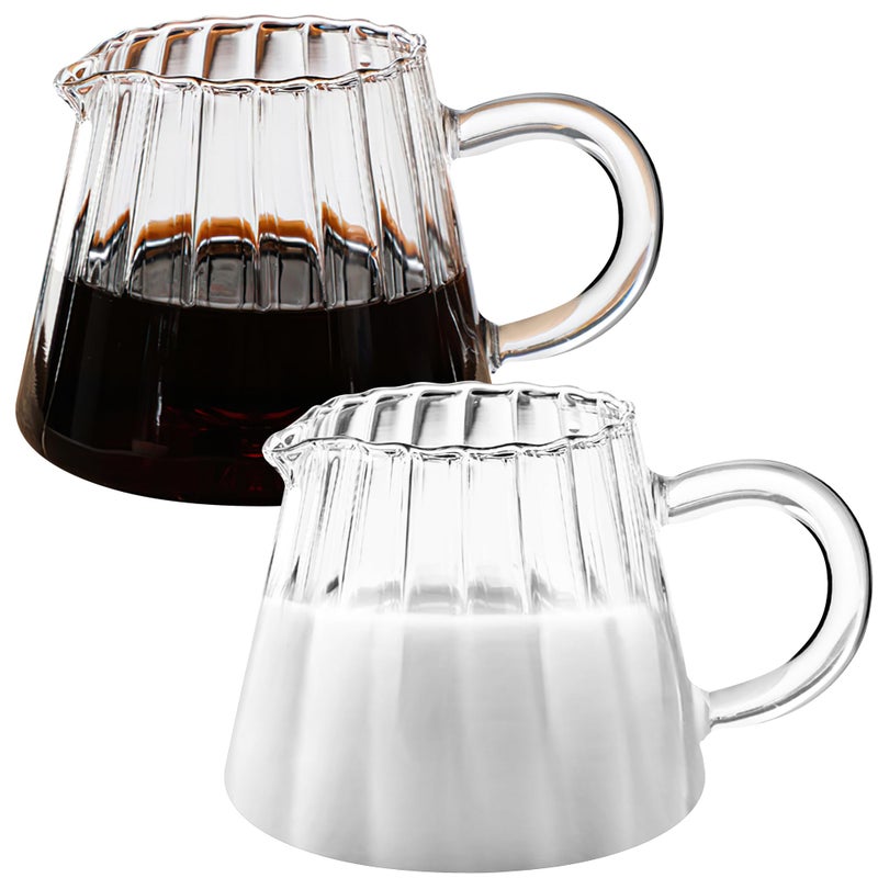 Loscarol 2 Pcs Small Glass Pitcher  Elegant Wave Shaped Creamer Pitcher for Coffee Milk Tea 6 oz Milk Frothing Cup Creamer Jug for Kitchen