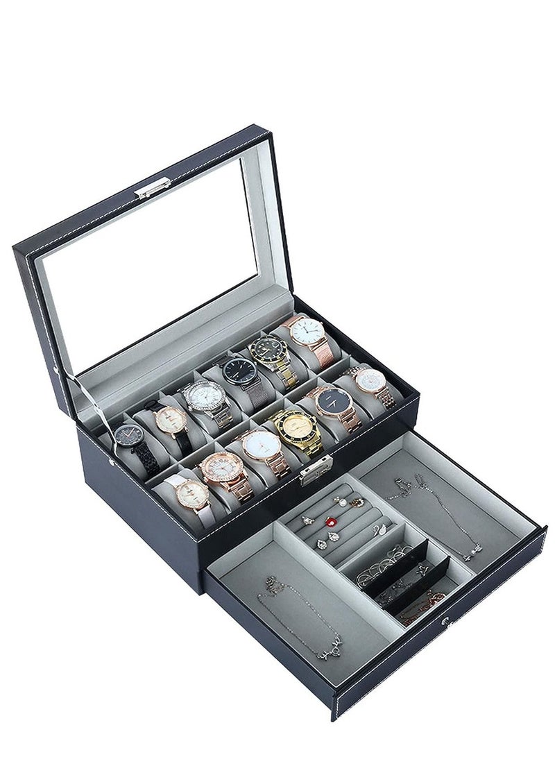 Arabest صندوق منظم للساعة، 12 فتحة للساعة، حافظة عرض من جلد البولي يوريثان للرجال، حامل ساعات مجوهرات مكون من طبقتين مع سطح زجاجي - Image 1