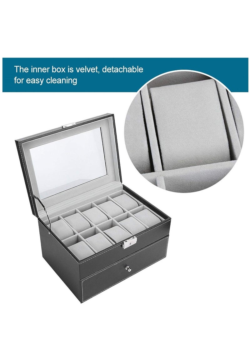 Arabest صندوق منظم للساعة، 12 فتحة للساعة، حافظة عرض من جلد البولي يوريثان للرجال، حامل ساعات مجوهرات مكون من طبقتين مع سطح زجاجي - Image 4