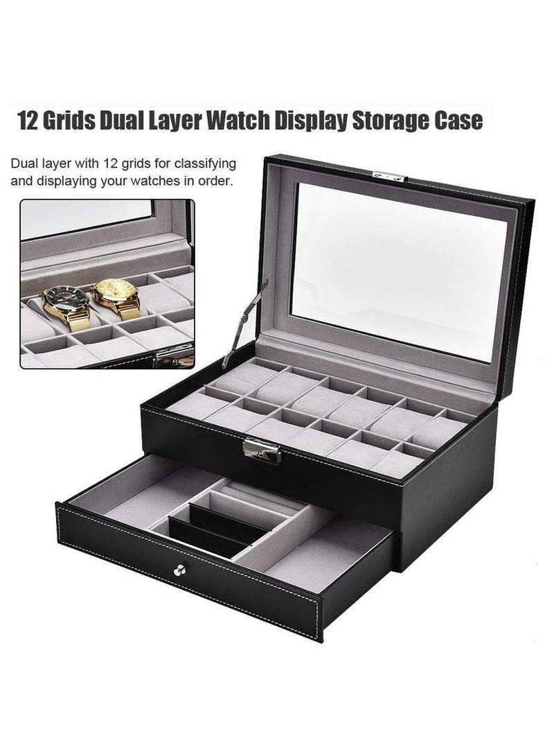 Arabest صندوق منظم للساعة، 12 فتحة للساعة، حافظة عرض من جلد البولي يوريثان للرجال، حامل ساعات مجوهرات مكون من طبقتين مع سطح زجاجي - Image 2