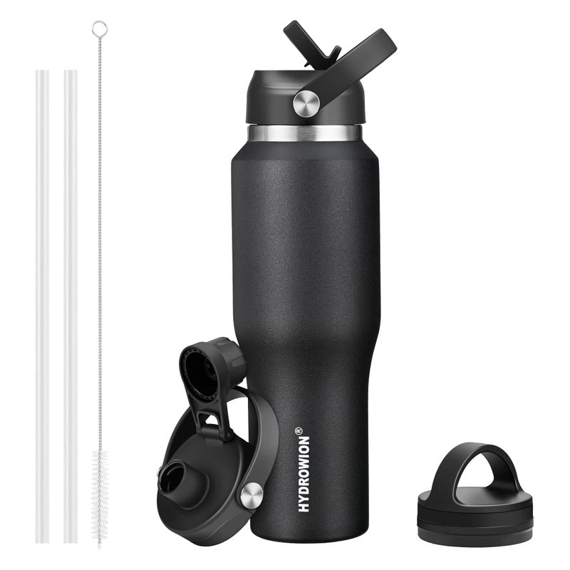 HYDROWION 32oz Stainless Steel Water BottleCold for 48 Hrs Hot for 24 HrsDouble Wall Vacuum Insulated Water Bottle with Straw Lid Spout Lid and Flex Cap Fit in Any Car Cup HolderBlack