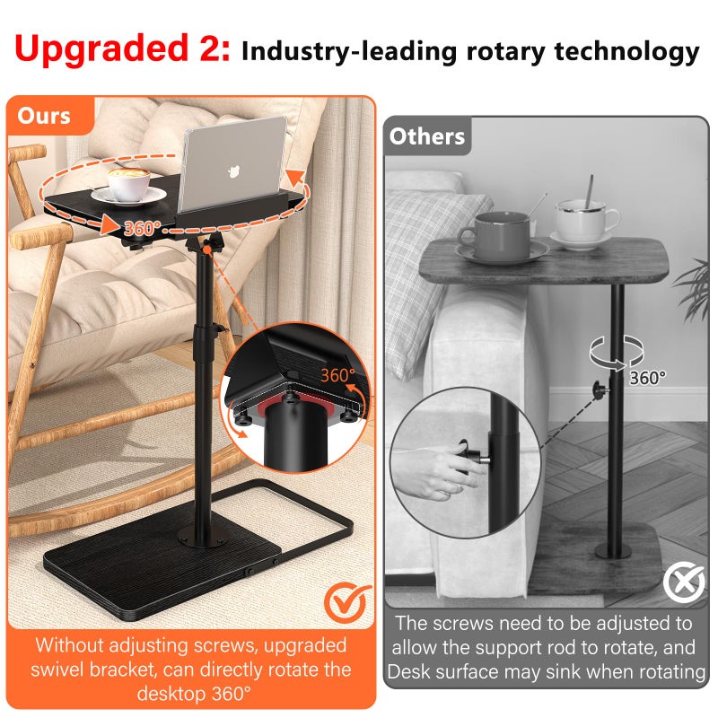 Dataroad Selead TV Tray Table for Couch, Height Adjustable/360Â° Swivel/180Â° Flip-Over Panel Design C-Shaped End Table, Sofa Arm End Side Table with Phone & Tablet Slot for Eating, Laptop,Couch Bed (Black) - Image 3