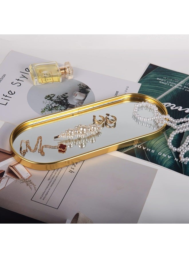 Feyarl Gold Mirror Trinket Vanity Oval Tray Jewelry Little Ring Earings Organizer Ornate Cosmetic Tray Display Decorative Tray for Home Decor Dresser Tabletop - Image 3