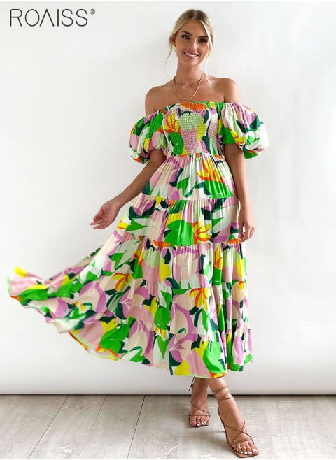 Fashion Printed One-Shoulder Dress For Daily Commuting And Vacation, Puff-Sleeved High-Waisted Large Skirt Dress