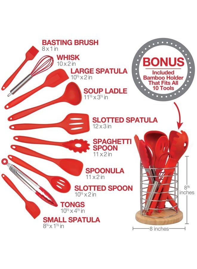 Good Cooking Silicone Kitchen Utensils w Bamboo Holder- 10 Pc Gourmet Tools Set- Spatula, Spoon, Slotted Spoon, Tongs, Basting Brush, Ladle and More - Image 2