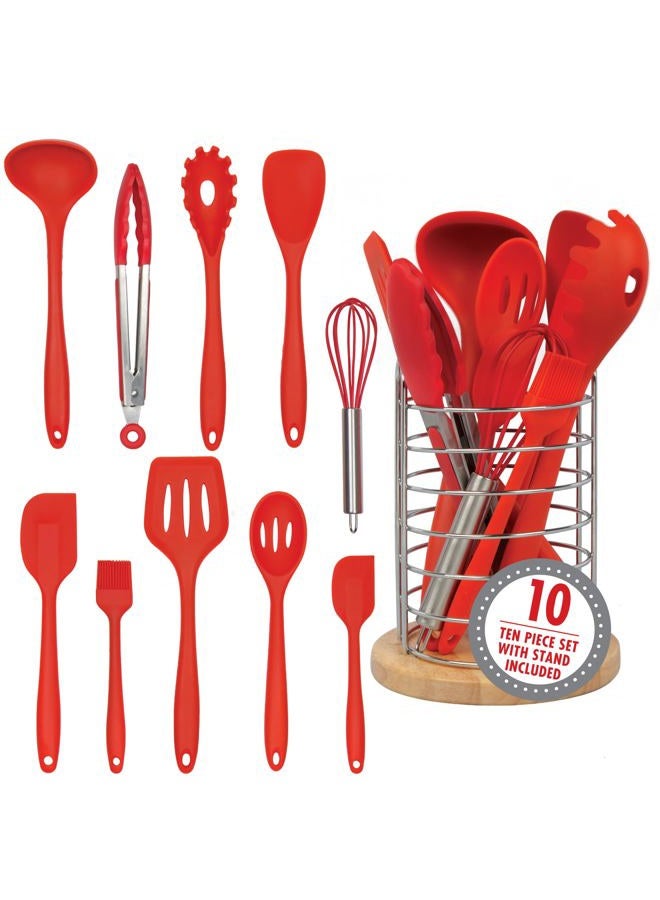 Good Cooking Silicone Kitchen Utensils w Bamboo Holder- 10 Pc Gourmet Tools Set- Spatula, Spoon, Slotted Spoon, Tongs, Basting Brush, Ladle and More - Image 1