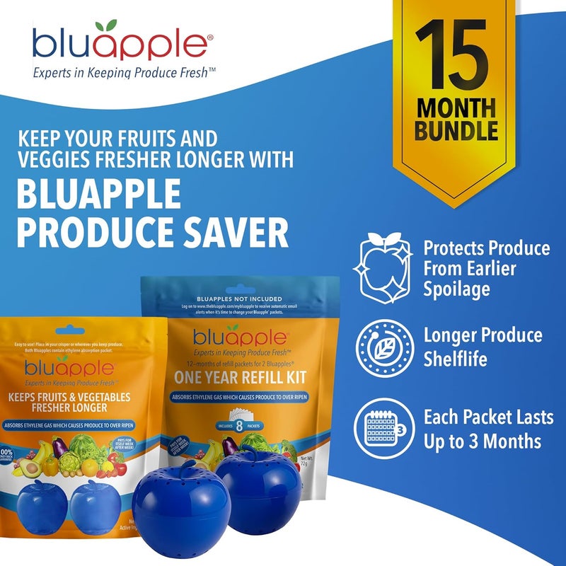 BluApple Ethylene Gas Absorber Classic Produce Saver 15-Month Bundle - Vegetable & Fruit Fresh Produce Storage Protector, Food Freshness Extender, Fresh Fruit & Vegetable Saver, USA-Made BPA-Free - Image 2