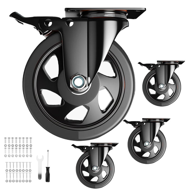 YUPEZOP 5 Inch Swivel Caster Wheels Set of 4 Heavy Duty Locking Industrial Casters with Brake Black Stainless Steel Polyurethane Double Safety Brakes and 360 Swivel for Maximum Flexibility