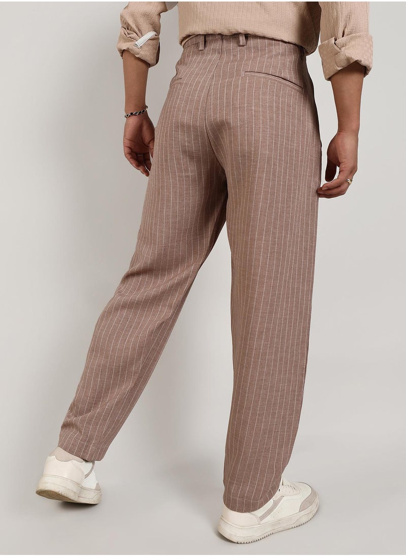 Campus Sutra - Men's Tan Brown Pinstriped Trousers - Image 1