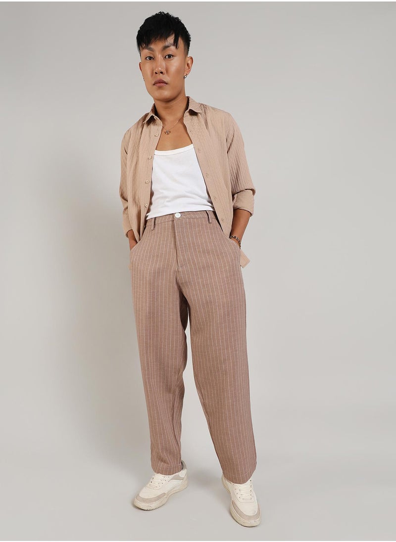 Campus Sutra - Men's Tan Brown Pinstriped Trousers - Image 1