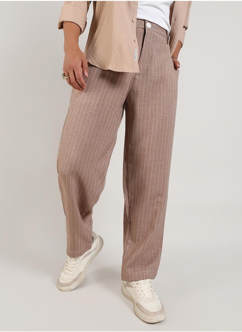 Campus Sutra - Men's Tan Brown Pinstriped Trousers - Image 1
