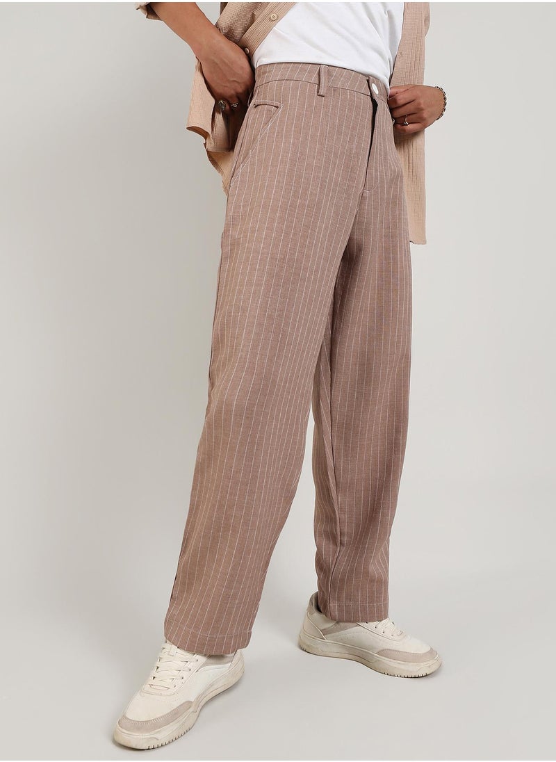 Campus Sutra - Men's Tan Brown Pinstriped Trousers - Image 1