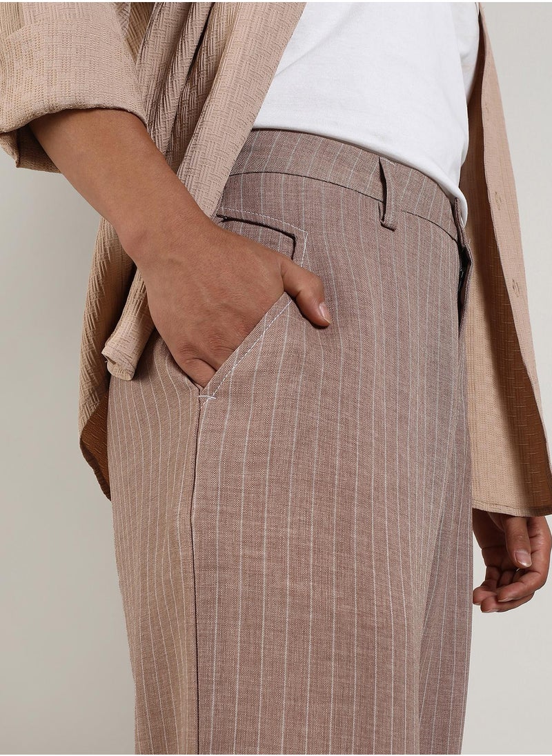 Campus Sutra - Men's Tan Brown Pinstriped Trousers - Image 1