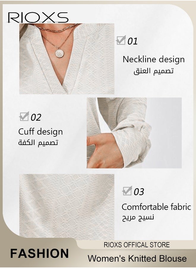 RIOXS Women's V-neck Long Sleeve Blouse,Loose Casual Blouse,Soft Comfortable Pullover Shirt,Classic Comfortable Tops,Solid Color Tops,For Work/Office/Vacation/Travel/Basic Daily Wear  - Image 5