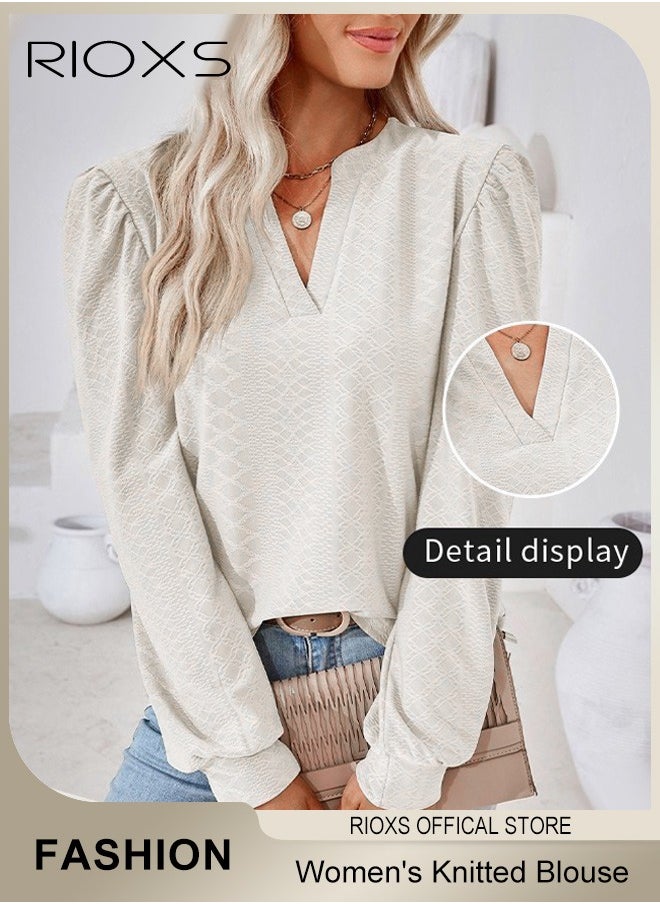 RIOXS Women's V-neck Long Sleeve Blouse,Loose Casual Blouse,Soft Comfortable Pullover Shirt,Classic Comfortable Tops,Solid Color Tops,For Work/Office/Vacation/Travel/Basic Daily Wear  - Image 2