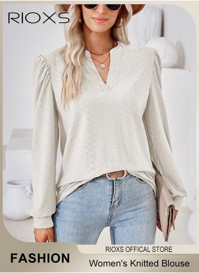 RIOXS Women's V-neck Long Sleeve Blouse,Loose Casual Blouse,Soft Comfortable Pullover Shirt,Classic Comfortable Tops,Solid Color Tops,For Work/Office/Vacation/Travel/Basic Daily Wear  - Image 1