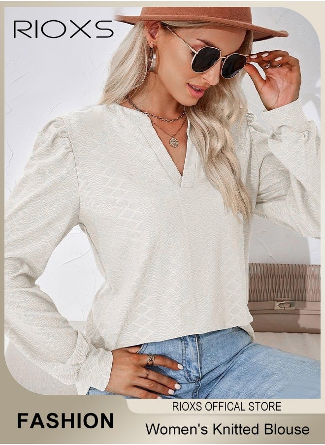 RIOXS Women's V-neck Long Sleeve Blouse,Loose Casual Blouse,Soft Comfortable Pullover Shirt,Classic Comfortable Tops,Solid Color Tops,For Work/Office/Vacation/Travel/Basic Daily Wear  - Image 3